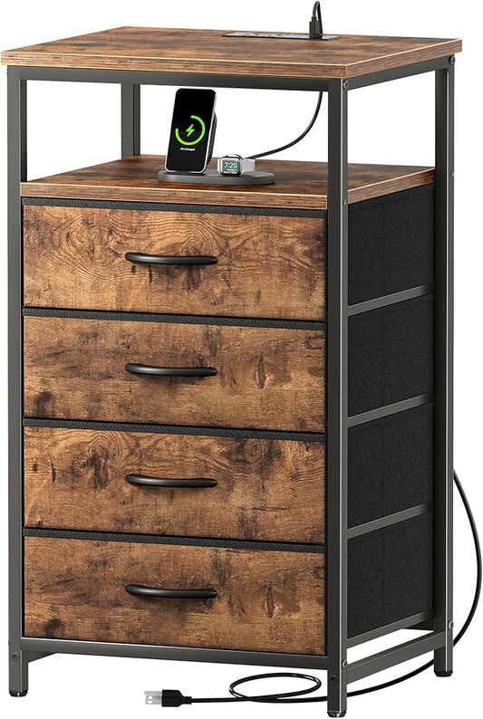 Huuger Night Stand with Charging Station, 4 Drawer Dresser for Bedroom, Bedside Table, 33.9 Inch Tall Nightstand with Open Shelf, End Table, for Closet, Entryway, Bedroom, Rustic Brown