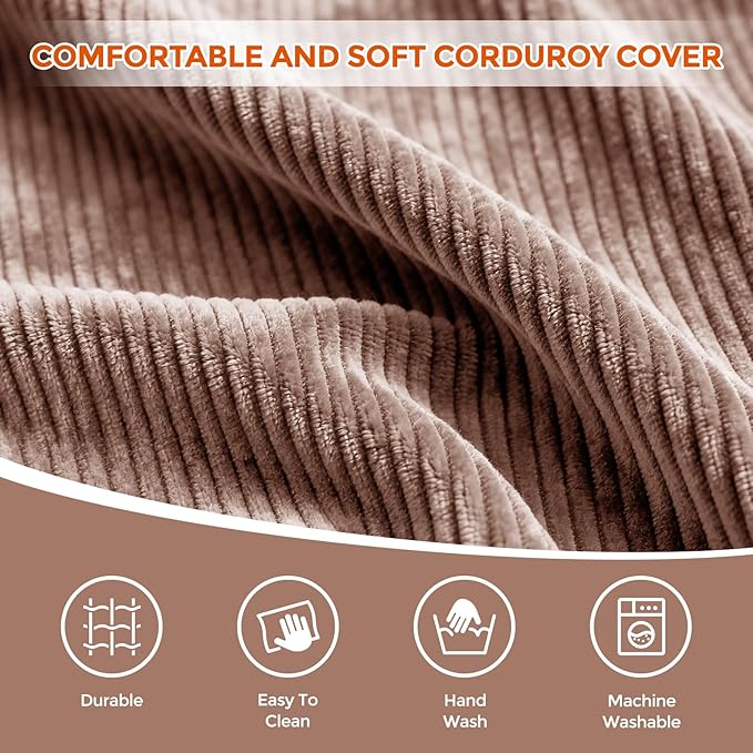 26" x 26" x 18" Pouf Ottoman Foot Rest, Pre-Stuffed Round Foot Stool with Odorless Shredded Memory Foam, Furry & Fluffy Corduroy Footrest for Living Room, Brown
