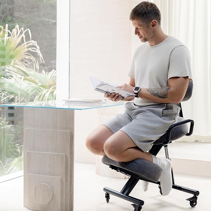 Ergonomic Kneeling Chair with Backrest, Improve Posture, Thick Cushions, Locking Wheels for Home & Office, AKONI 512B (Black)