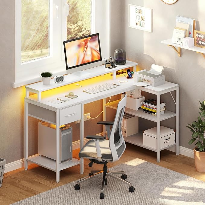 DUMOS 47” Gaming Desk with USB Charging Ports & LED Lights, Reversible L Shaped Desks Computer Corner Gamer Table with Power Outlets Monitor Stand Storage Shelves for Home Office Small Space, White