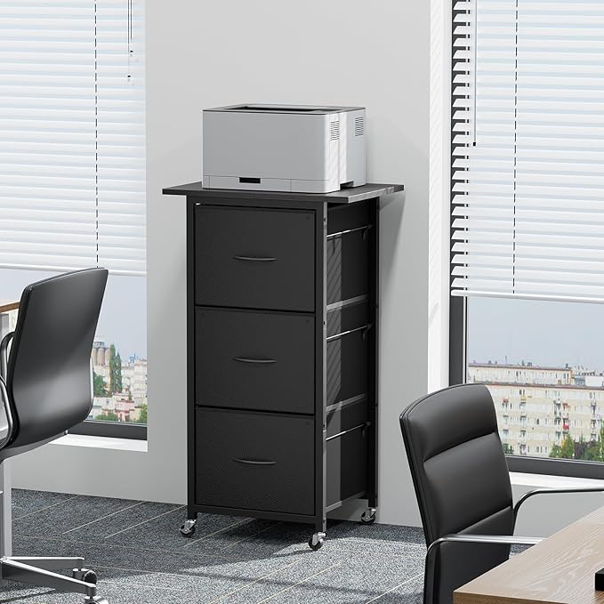 MAHANCRIS 3 Drawer File Cabinet, Vertical Filing Cabinet with Wheels, Printer Stand with Non-Woven Fabric Drawer, Adjustable Hanging Rods, fits A4/Letter Size, for Home Office, Black FCBK5901