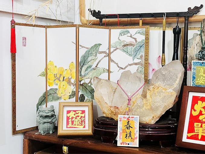 Hand-Painted Chinese Folding Screen - Traditional Oriental Partition with Bird & Loquat Pattern Mini Room Divider, Desktop Privacy Panel, (35x56cm) Symbolizing Happiness (Loquat)