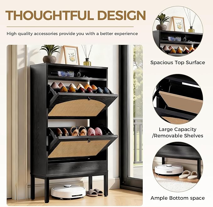 LUCKLIFE Shoe Cabinet with Charging Station, Flip Down Shoe Storage Organizer with Adjustable Shelves, Hidden Slim Shoe Rack with Anti-Tip Kit for Entryway or Hallway, Black Wood