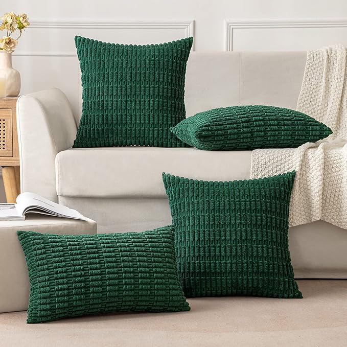 MIULEE Pack of 2 Dark Green Corduroy Decorative Christmas Pillow Covers 12x20 Inch Soft Boho Striped Throw Pillow Covers Modern Farmhouse Home Decor for Sofa Living Room Couch Bed