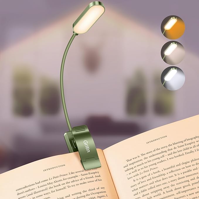 Gritin 16 LED Rechargeable Book Light for Reading in Bed- Eye Caring 3 Color Temperatures, Stepless Dimming Brightness, 80 Hrs Runtime, Lightweight Flexible Clip on Light for Book Lovers-Dark Green