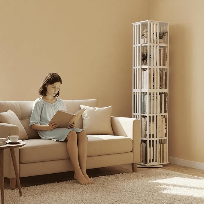 Lauxery Rotating Bookshelf Tower– 6 Tier 360° Bamboo Spinning Book Shelves| Space-Saving Tall Square Revolving Bookcase for Small Space, Living Room, Bedroom & Office | White Corner Bookshelf