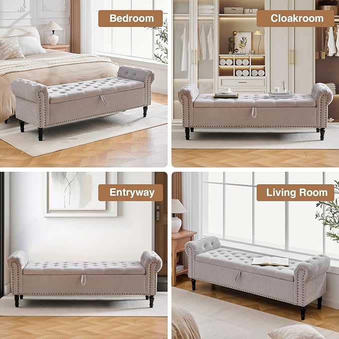 67'' End of Bed Bench King Size, Storage Bench for Bedroom End of Bed, Upholstered Tufted Storage Ottoman Benches with Arms for Living Room, Entryway, Windows, Light Grey