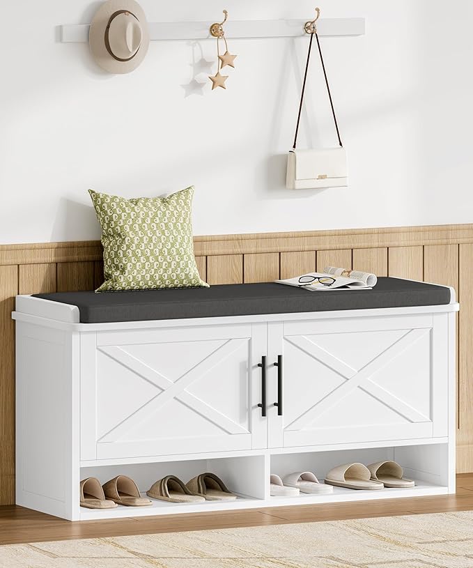 Farmhouse Shoe Storage Bench with Cushion, Entryway Bench with Adjustable Shelves and Open Bottom Shelf, Hidden Shoe Cabinet Storage for Entryway, Hallway, Living Room, Bedroom, White