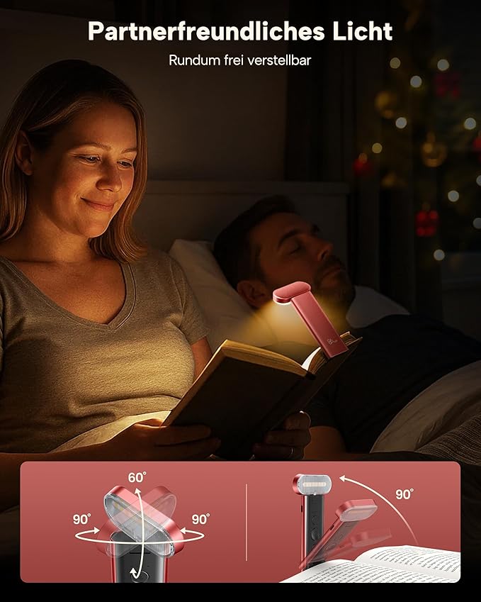 86lux Book Light, Reading Light for Book in Bed, USB Rechargeable LED Night Light with 3 Colors & Stepless Dimming, Aluminum Alloy Bookmark Light for Book Lovers, Red