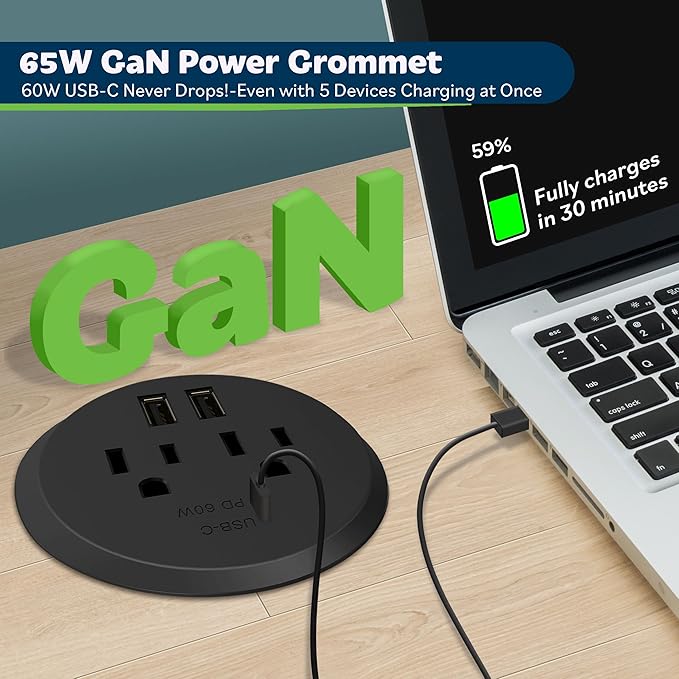 TOPGREENER Desktop Power Grommet with 65W PD Fast Charging USB C, GaN Desk Grommet for MacBook, 2 USB-A Ports and Duplex Receptacles, 3” Diameter Power Grommet, TTRP48APD60-BK, Black