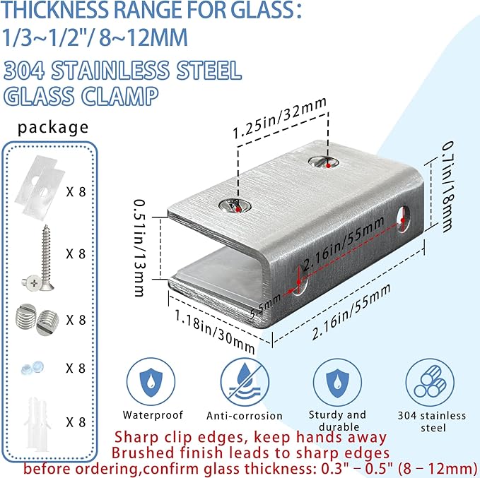 4Pcs Stainless Steel Glass Shelf Clip Clamp Bracket Support Adjustable 304 Stainless Steel Brushed Finish Glass Clip Shelf Brackets Holder Support 0.3" to 0.5"/ 8 to 12mm Thick