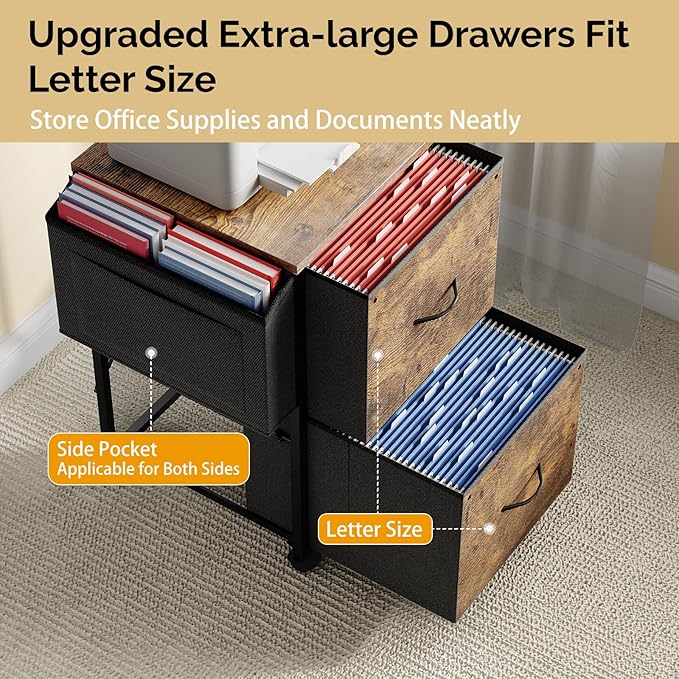 VINGLI 2 Drawer File Cabinet with Side Bag, Rolling Mobile Under Desk with Wheels, Fabric Drawers Printer Stand for Home Office, Fits Letter Size, Rustic Brown