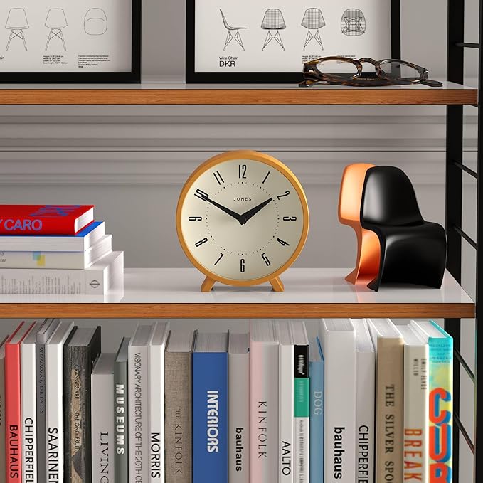 JONES CLOCKS® Venus Desk Clock | Modern Round Design | Mustard Yellow | Stylish Retro Look for Shelf, Table, Mantel or Bedside