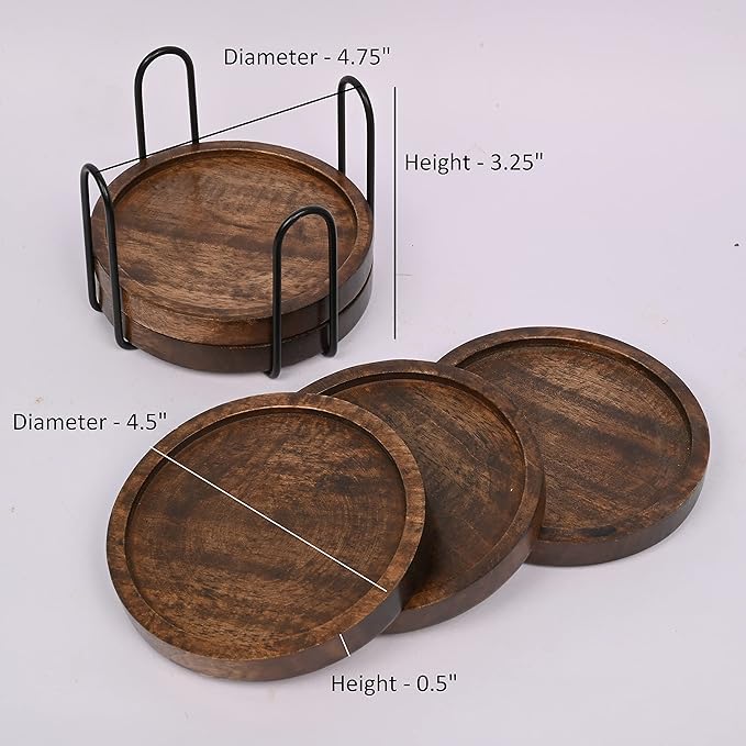 SAMHITA Mango Wood Coasters for Drinks with Iron Holder Stand Set of 5 for Drinking Glasses, Tabletop Protection for Any Table Type