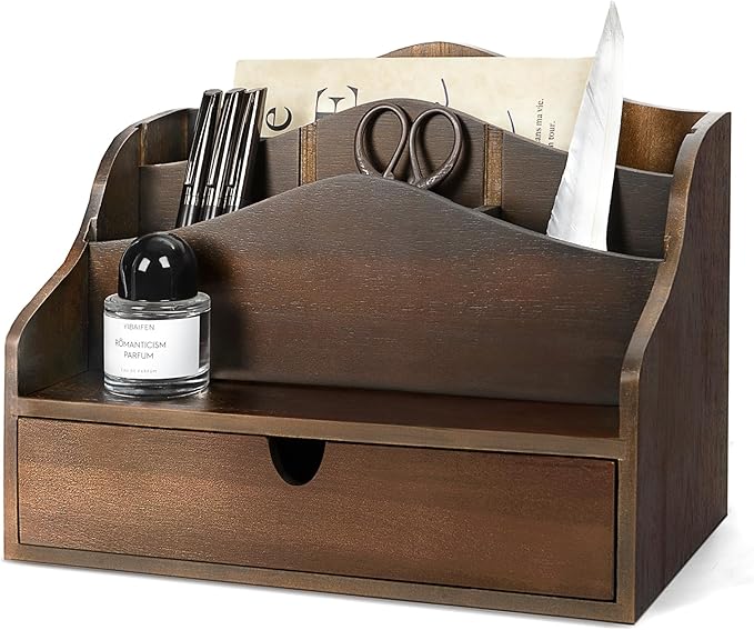 Rebee Vision Acacia Wood Mail Organizer for Desk – Farmhouse Countertop Mail Holder with Dividers – 4-Slot Letter Sorter for Key & Jewelry– Desktop Organizer for Home Decor (Dark Acacia)