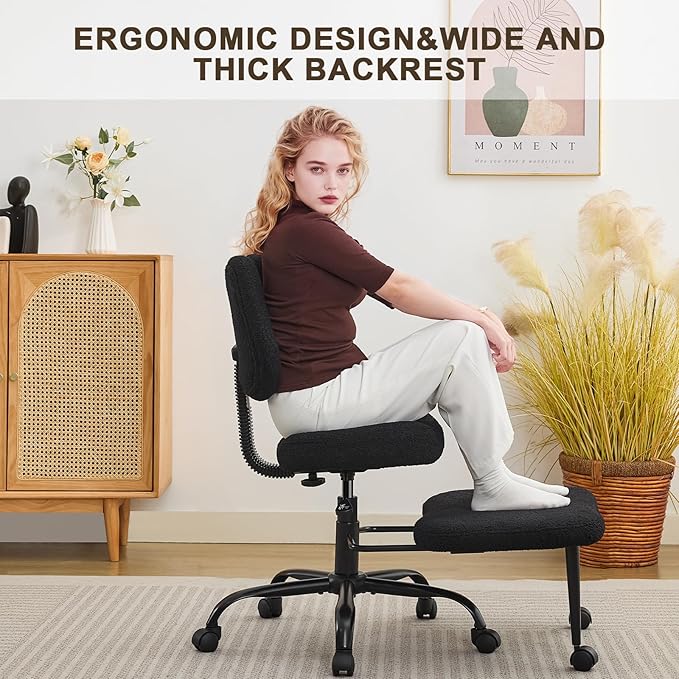 Ergonomic Criss Cross Legged Office Chair, ADHD Chair, Wide Height Adjustable Seat 360° Swivel Footstool with Wheels, PU Leather Meditation Kneeling Chair, for The Restless Home Workers, Black