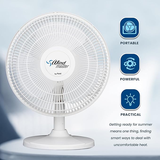 PAMI Oscillating Desk Fan - Portable Table Top Fan With 3 Speed Levels, Large Blades & Adjustable Tilt- Max Air Flow Office Desk Fan- Electric Cooling Fan For Bedroom Home Dorm Office (White, 16'')