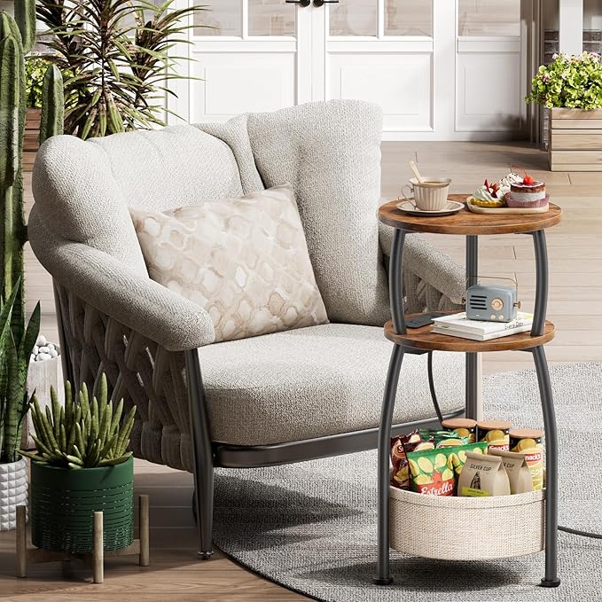 Side Table with Charging Station, Small Round End Table with Basket, USB Port and Outlet, 3 Tiers Sofa Couch Table for Living Room Bedroom, Small Spaces, 11.81in Rustic Brown