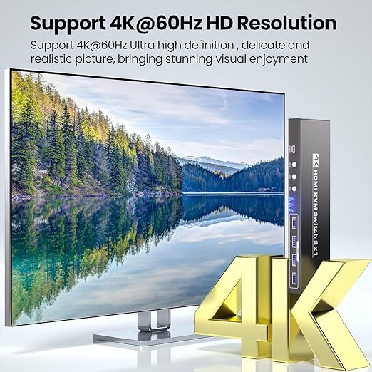 4K60Hz HDMI KVM Switch 1 Monitor 3 Computers, USB 3.0 3 Port KVM Switch - Control 3 Computers with 1 Monitor, Keyboard and Mouse, 4-Port USB 3.0 Hub