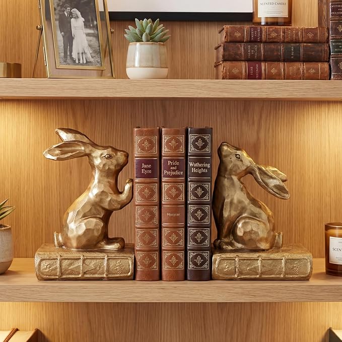 Tatuo 2 Pcs Decorative Rabbit Bookends for Shelves, Bunny Gift Book Ends for Heavy Books Animal Stopper Retriever Statues Bookends with Anti-Slip Base for Book Lover Home Bookshelf, Bronze