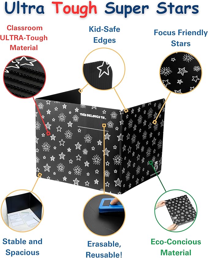 25 Plastic Privacy Folders for Students — Durable — Black Desk Dividers for Students, Easy-Store Privacy Shields for Student Desks, Testing for Classroom, Test Dividers