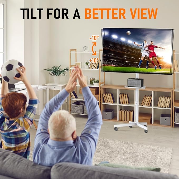 Mobile TV Cart Rolling TV Stand for 23-60 Inch LCD LED OLED Flat Curved Screens up to 88 lbs, Height Adjustable Portable TV Cart with Shelf/Wheels, Outdoor TV Stand Mount, Max VESA 400x400mm, White