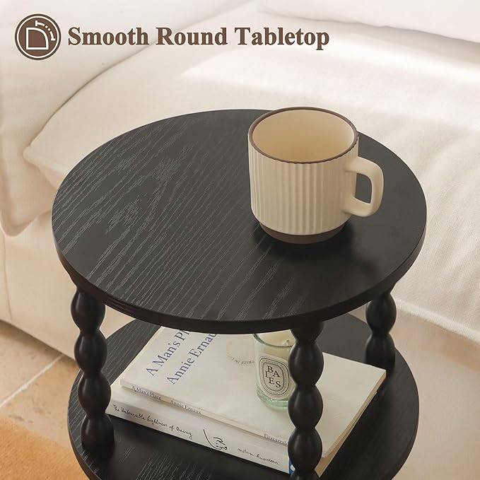 AWASEN Small Round Side Table, Black End Table with 3-Tier Open Shelf for Small Spaces, Round Bedside Table Nightstand for Bedroom, Living Room, Office, Black