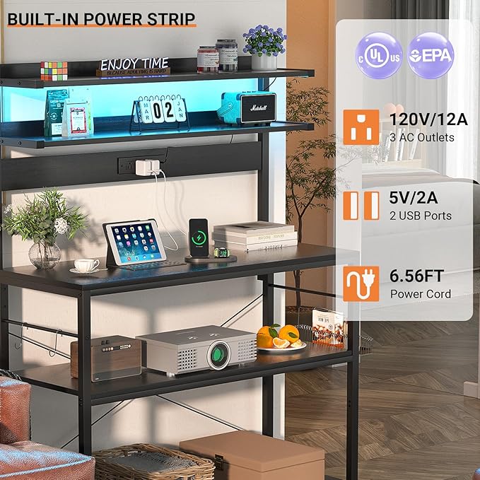 Aheaplus Bakers Rack with Power Outlet, Microwave Stand, 5 Tiers Coffee Bar Station with Led Lights, Kitchen Storage Shelf with 6 S-shaped Hooks, Kitchen Rack Coffee Bar Stand, Black