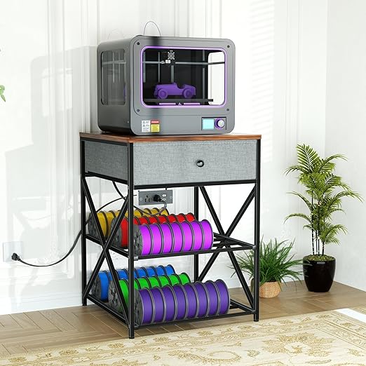 DALEHMOME 3D Printer Stand with Storage, 3D Printer Table with Power Outlet, Sturdy Metal Frame Workstation with Fabric Drawer for 3D Printing, Rustic Brown, 23.6" L x 23.6" W x 31.5" H