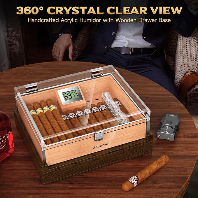 VALLUME Cigar Humidor, Acrylic Humidor with Wooden Drawer Base, Compact Desktop Humidor, Features Gel-Controlled Sliding Cigar Humidifier, Cedar Wood Tray, Ideal Gift for Men (Small size)