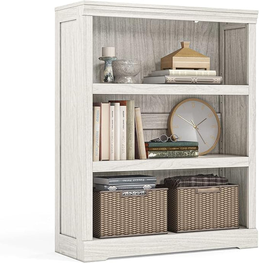 LINSY HOME 3-Tier Bookcase, Small Bookshelf Wood Display Storage Shelves Farmhouse Bookshelf for Home Office, Living Room, Bed Room - White Oak