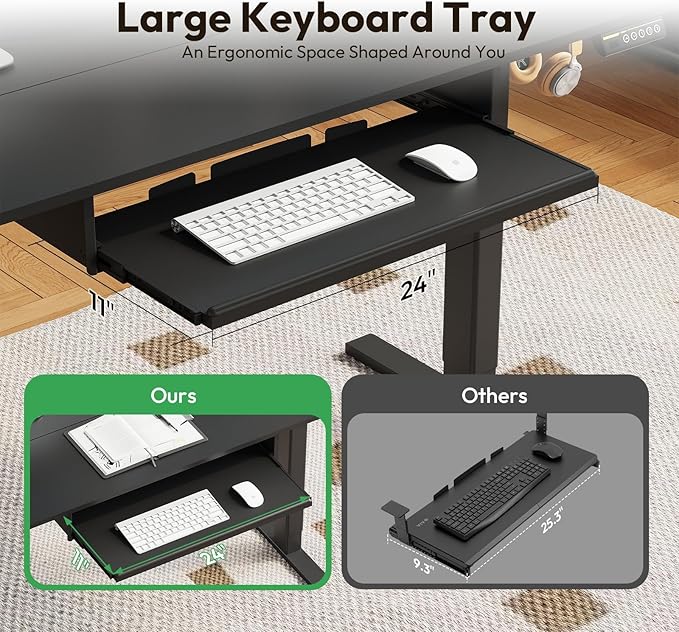 Electric Standing Desk with Keyboard Tray,55x24 inches Adjustable Height Stand Up Desk,3 Preset Heights,Equipped with Hooks,Raising Desks for Home Office and Computer Workstation,Black