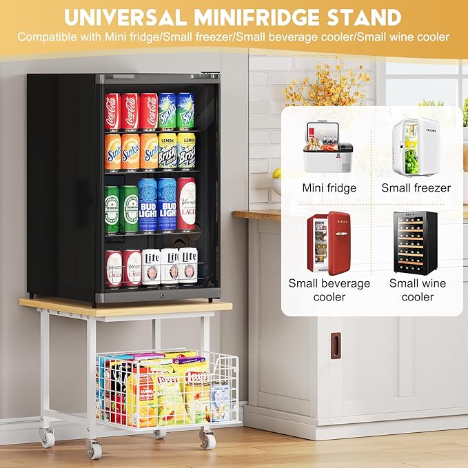 Mini Fridge Stand with Storage, Small Refrigerator Stand with Wheels, Mini Fridge Cabinet-Max Load 300 LBS Heavy Microwave Printer Stand Mini Fridge Cart for Dorm, Apartment, Kitchen, Office (White)
