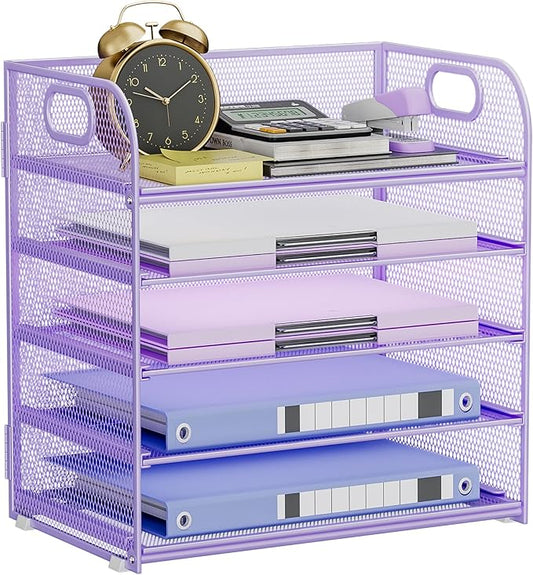 5-Tier Stackable Paper Organizer with Handle, Purple Metal Mesh Letter Tray | Elegant Desk File Sorter for Office, Home & Classroom Organization