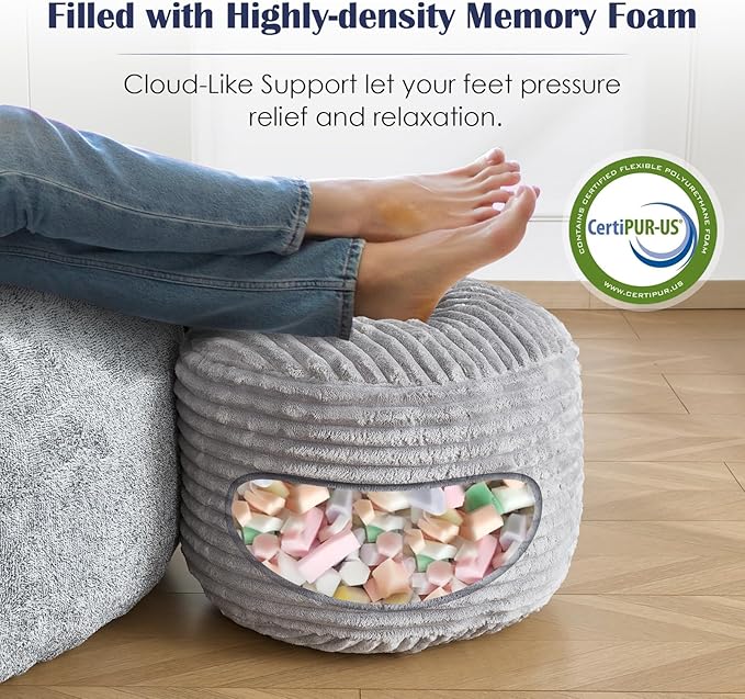 Round Pouf Ottoman,Corduroy Poufs with Memory Foam Filling for Foot Rest,Soft Footstool for Living Room,Office,20"x 15",Light Grey