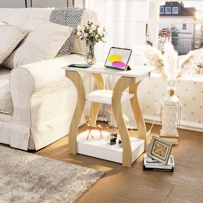 FROMJBEST End Table Set of 2 with Charging Station, Side Table with USB Ports and Outlets, Nightstand, 3 Tier End Table with Storage Shelf for Living Room, Bedroom (White Set of 2)