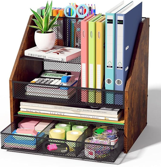 Homsorout Wooden Desk Organizer - Mesh File Organizer with Drawers and Pen Holder - 4-Tier Vertical Paper Letter Storage Tray, Desktop Organizers and Accessories for Home Office