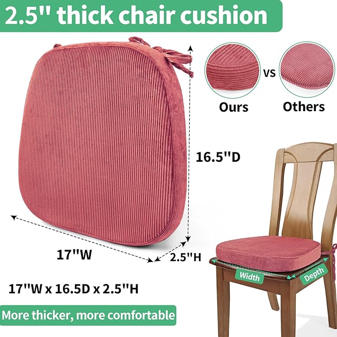2.5" Thick Chair Cushions for Dining Chair, Corduroy High Density Foam Kitchen Chair Pads, U Shaped Indoor Seat Cushions with Ties & Non-Slip Backing, Washable Cover, 17''x16.5'', Pink