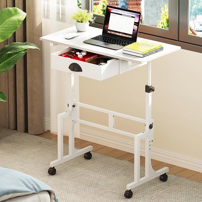 Cidaziya Adjustable Height Standing Desk for Walking Pad Treadmill, Portable Rolling Desk for Laptop with Drawer, Small Moblie Sit to Stand Desk On Wheels with Stiffener for Home Office Dorm Bedroom