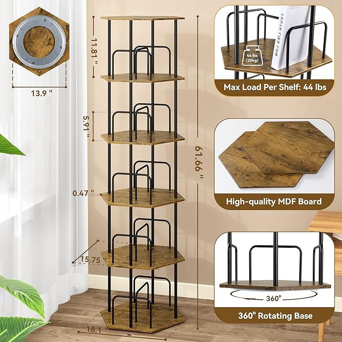 SUNMORY 5 Tier Rotating Bookshelf Tower, Revolving 360 ° Spinning Bookcase, Hexagonal Corner Book Shelf Storage Carousel, Vertical Rotate Turning Organizer Book Shelves for Living Room Office Bedroom