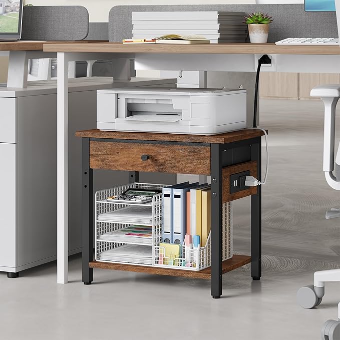 Gewudraw Printer Stand with Charging Station, 2-Tier Under Desk Printer Table, Side Table with Storage Shelves for Home Office, Living Room, Bedroom, Bathroom, Brown
