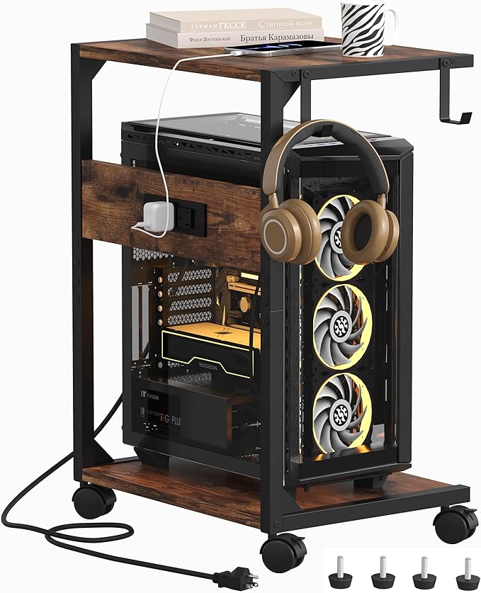 Akxomel 2 Tier Computer Tower Stand with Charging Station, 11.8" D x 16.5" W Rolling Floor PC Tower Stand Fits Under Desk, CPU Holder Cart for Carpet with Hooks, C Shaped End Table for Home Office