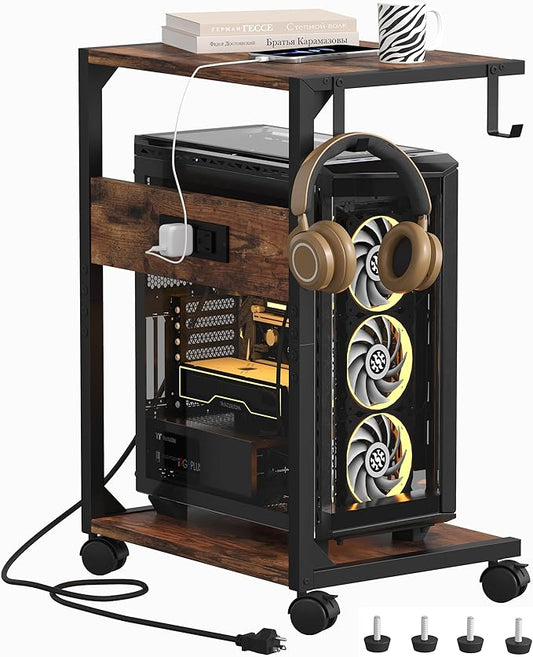 Akxomel 2 Tier Computer Tower Stand with Charging Station, 11.8" D x 16.5" W Rolling Floor PC Tower Stand Fits Under Desk, CPU Holder Cart for Carpet with Hooks, C Shaped End Table for Home Office