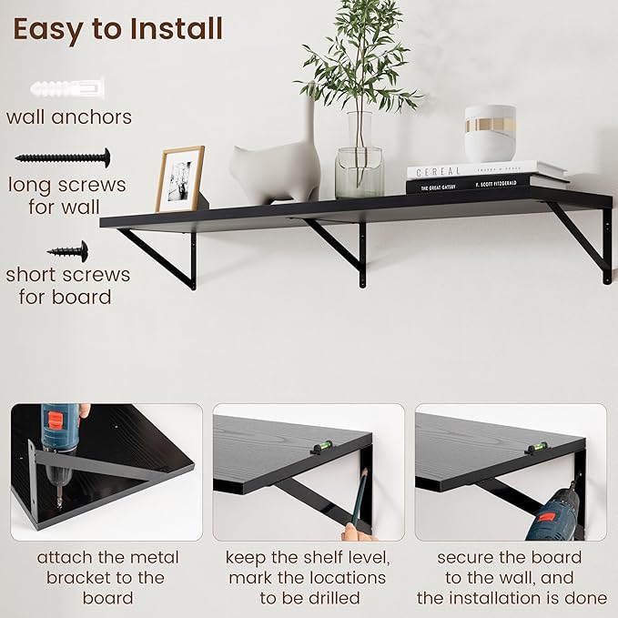 Axeman Floating Shelves for Wall Black- 48 Inch Wide x 12 Inch Deep Wall Shelves Set of 2 - Black Deep Wood Floating Shelves for Living Room Bedroom Laundry Room