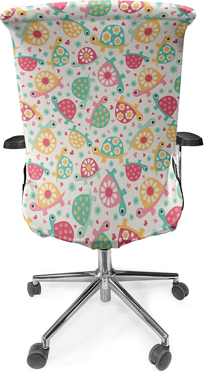 Ambesonne Turtle Office Chair Cover, Colorful Design Groovy 90s Floral Boho Ornate Delicate Animals Hippie Feels, Stretchable Decorative Universal Size High Back Printed Slipcover, Teal Magenta