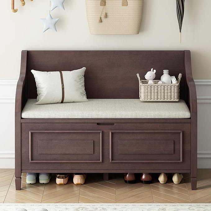 SOFTSEA 41.9" Storage Bench with Back, Entryway Shoe Bench with Cushion & Lift Top Storage, Rustic Shoe Storage Cabinet with Cushioned Seat for Entryway, Bedroom, Living Room (Espresso)