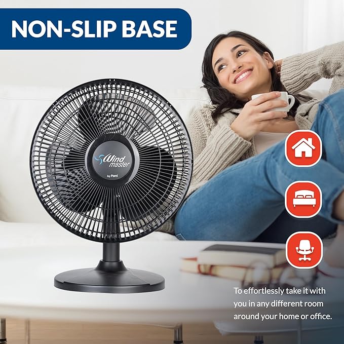 PAMI Oscillating Desk Fan - Portable Table Top Fan With 3 Speed Levels, Large Blades & Adjustable Tilt- Max Air Flow Office Desk Fan- Electric Cooling Fan For Bedroom Home Dorm Office (Black, 16'')