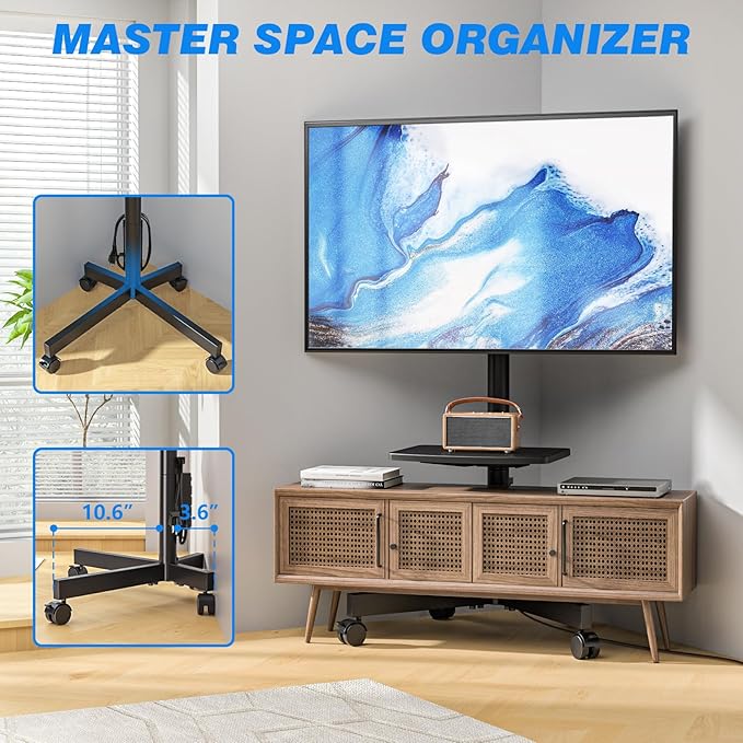 Rfiver Mobile TV Cart with Power Outlet, Rolling TV Stand for 23-65 Inch LCD LED OLED Flat Panel Curved Screen TVs up to 88 lbs, Height Adjustable Portable TV Stand with Wheels, Max VESA 400x400mm