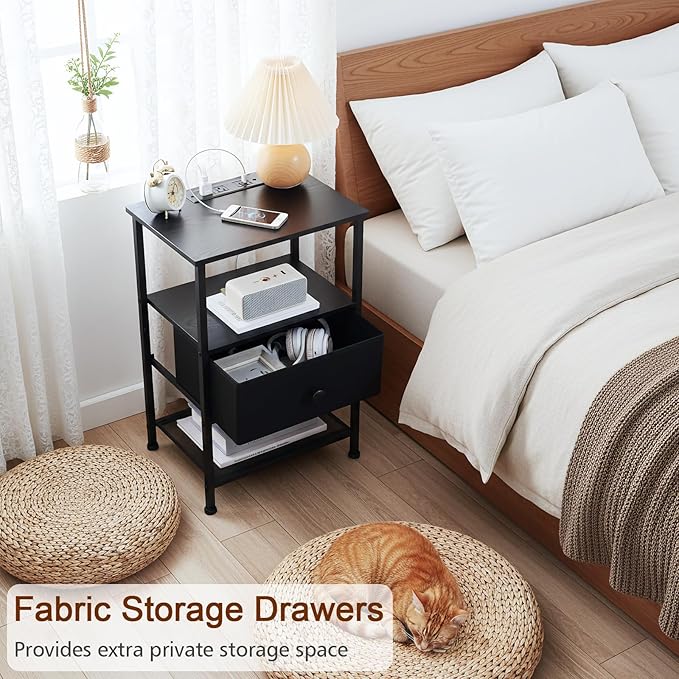 LOAKEKEL Night Stand Set 2, Nightstand with Charging Station, End Tables Living Room with Fabric Drawer for Small Spaces, Bed Side Tables with Storage Shelf for Bedroom, Black, HETS010BK