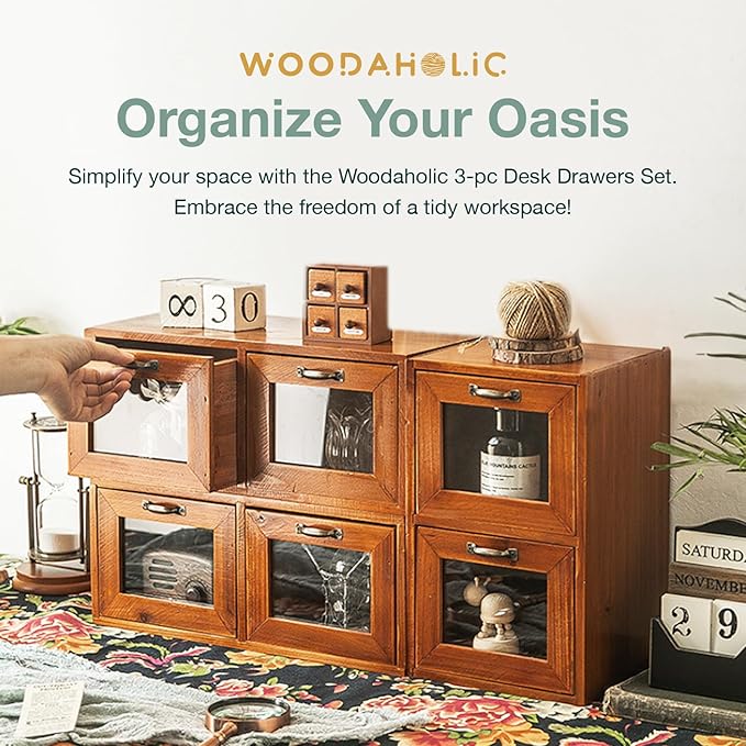 Modular Stackable Set of 3 Desktop Drawers Display Organizer - 6-Drawer Wood Organizer for Desk - Vintage Countertop with Clear Doors - Organizer Box for Card Catalog, Collectibles Storage